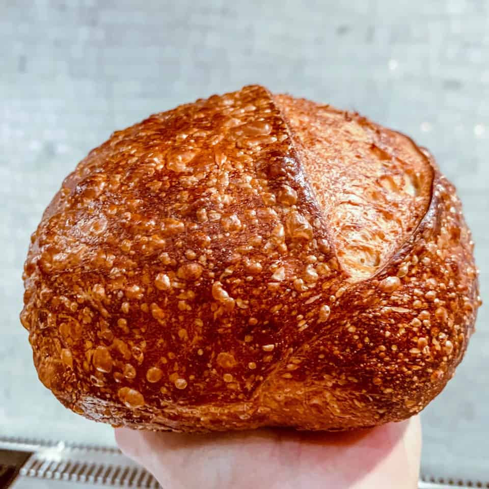 golden sourdough bread with blisters, small ear